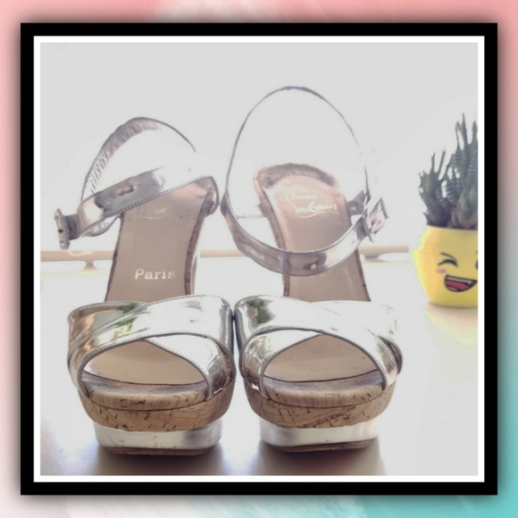 LOUBOUTIN Strappy Silver Cork Heels - Picture 5 of 9